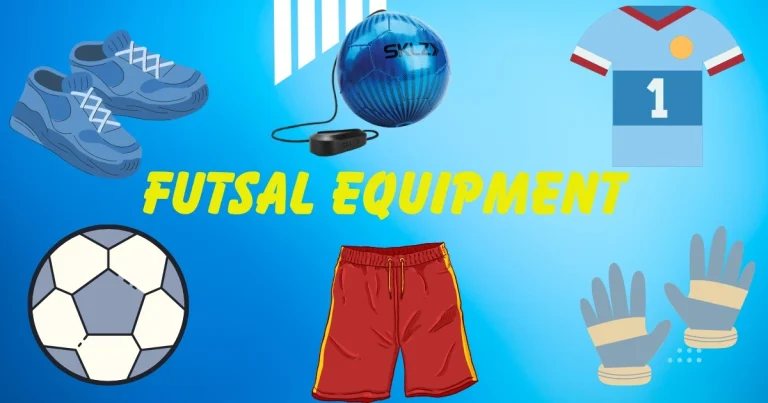 blue image having futsal ball, futsal shoes and other futsal equipment