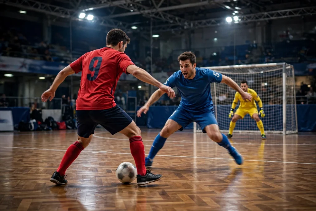 Futsal pivot striker shielding the ball from a defender during an indoor futsal match