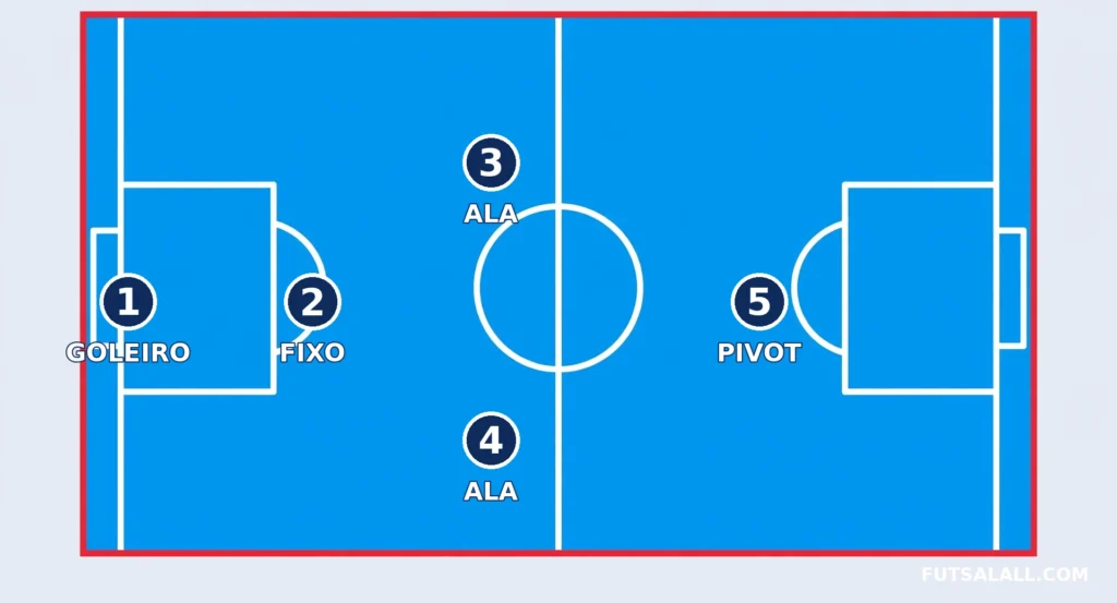 Futsal positions diagram showing Goleiro, Fixo, Ala and Pivot on a futsal court
