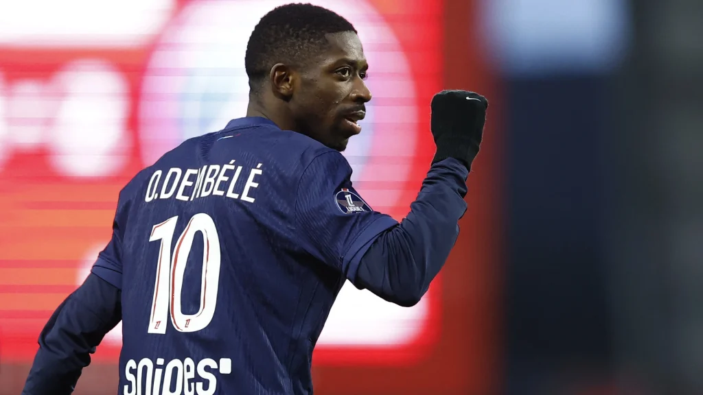 PSG star Ousmane Dembélé celebrating a goal in Ligue 1.