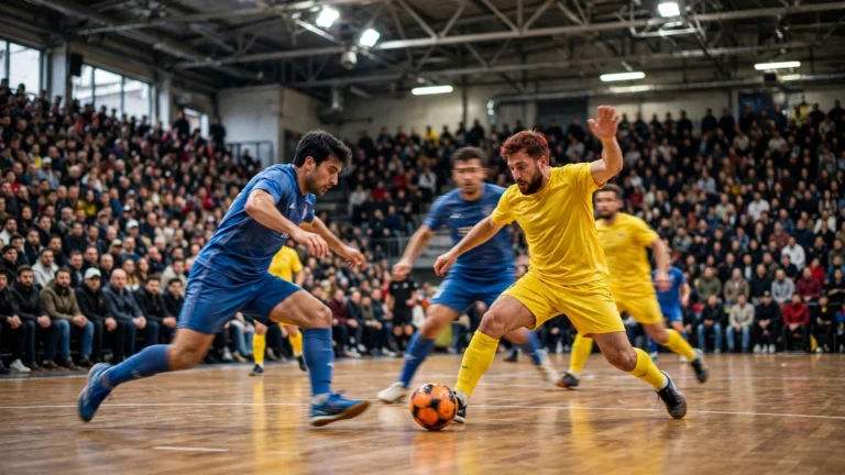 Futsal players in action under arena lights during the 2026 Africa Cup of Nations in Rabat