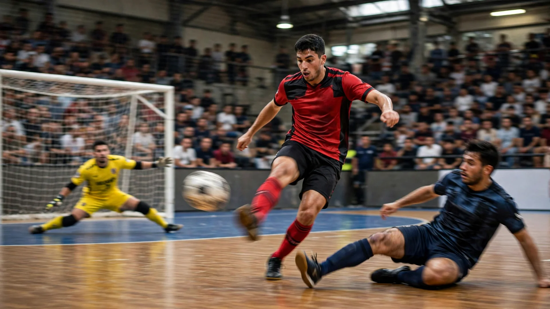 Angola futsal player striking the ball during the 6-0 win over Tanzania at Futsal AFCON 2026 in Rabat