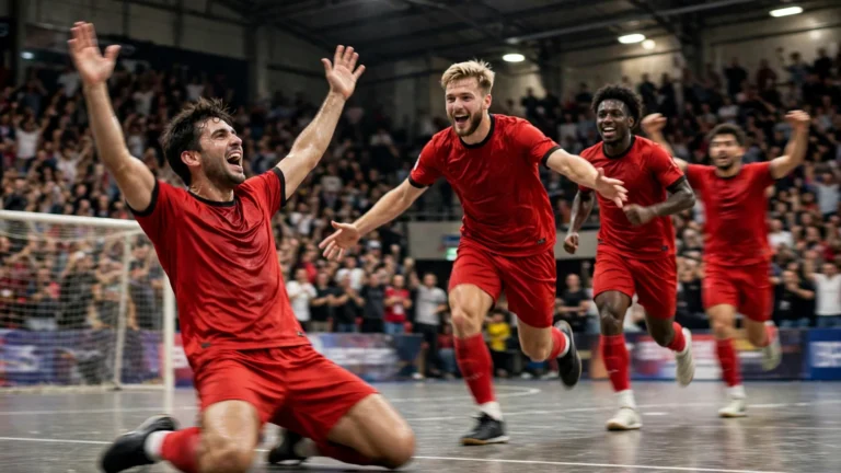 Egypt futsal players celebrating a goal against Mozambique at Futsal AFCON 2026 in Rabat