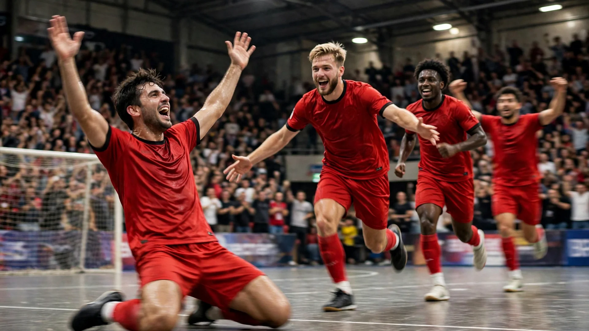 Egypt futsal players celebrating a goal against Mozambique at Futsal AFCON 2026 in Rabat