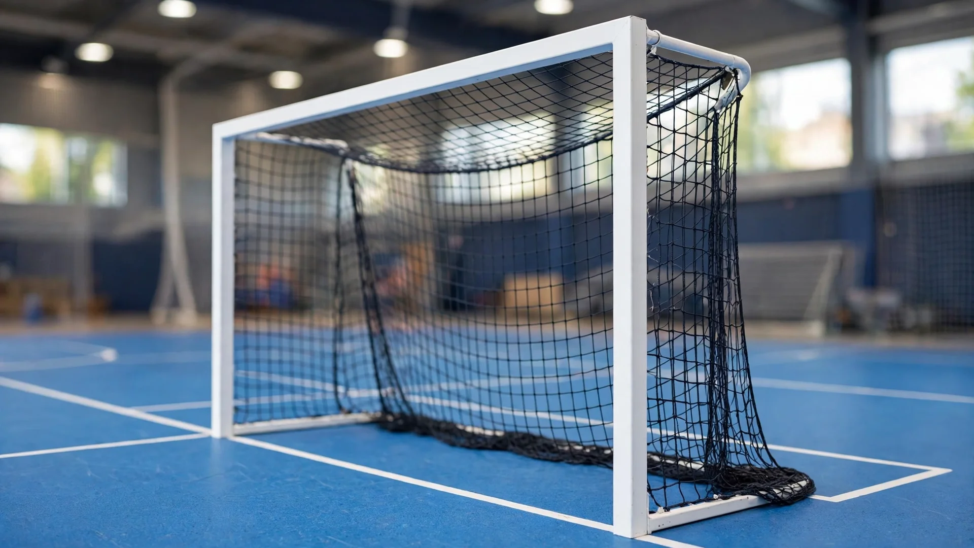 Close-up of a futsal goal, 3 metres wide and 2 metres high, on an indoor court