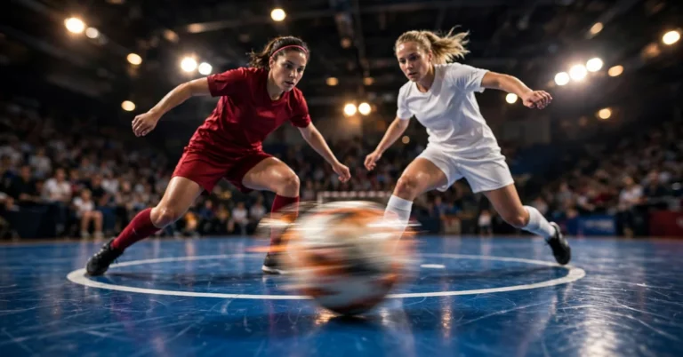 Women's futsal EURO 2027 qualifying action — national team players competing on an indoor futsal court