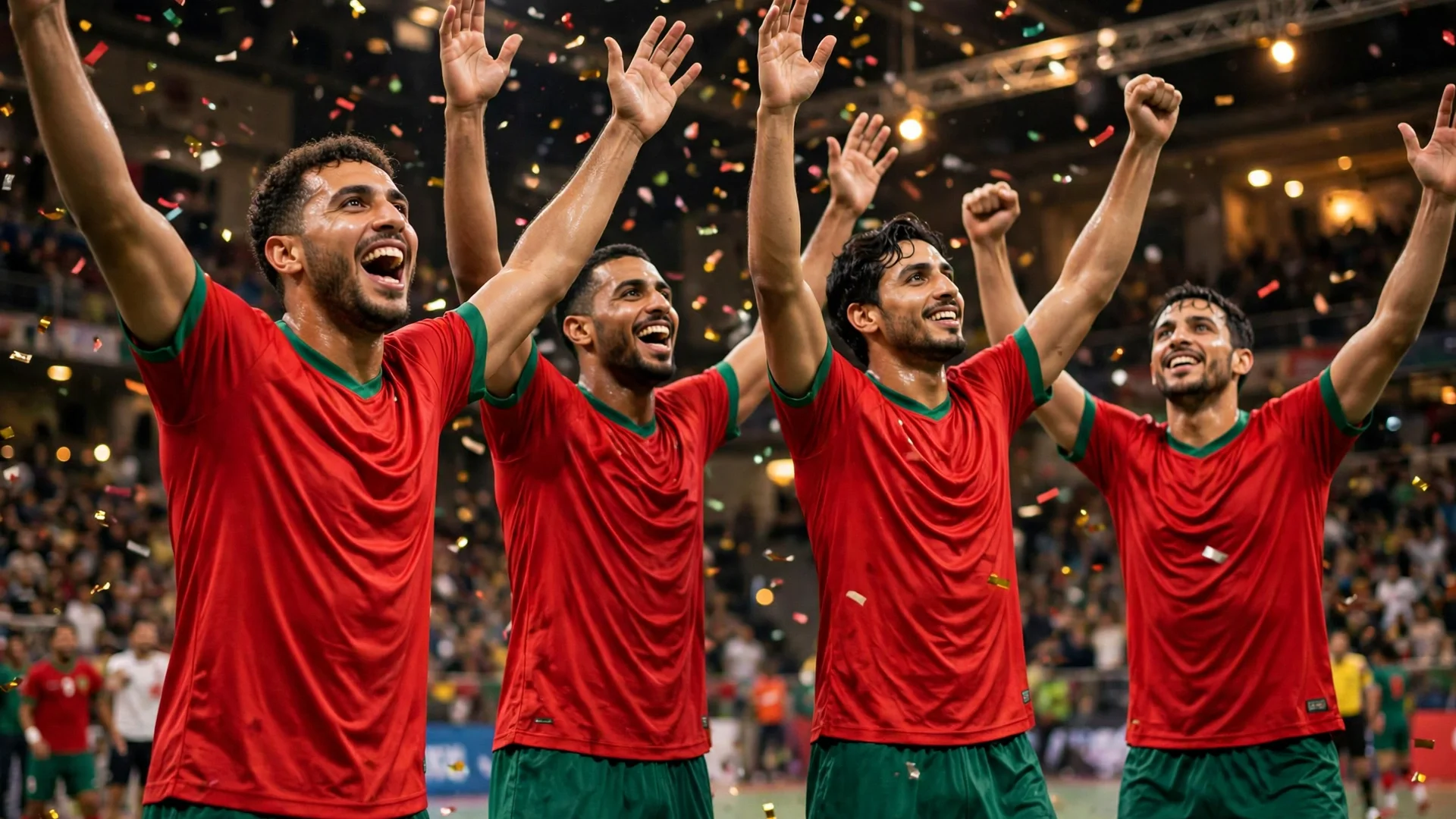 Morocco players celebrating their record fourth Futsal AFCON 2026 title in Rabat