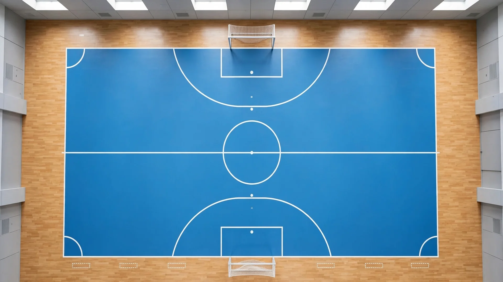 Aerial view of a futsal court showing official futsal court dimensions and markings