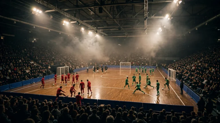 Futsal players warm up on the court before a night match at the 2026 Futsal AFCON in Rabat