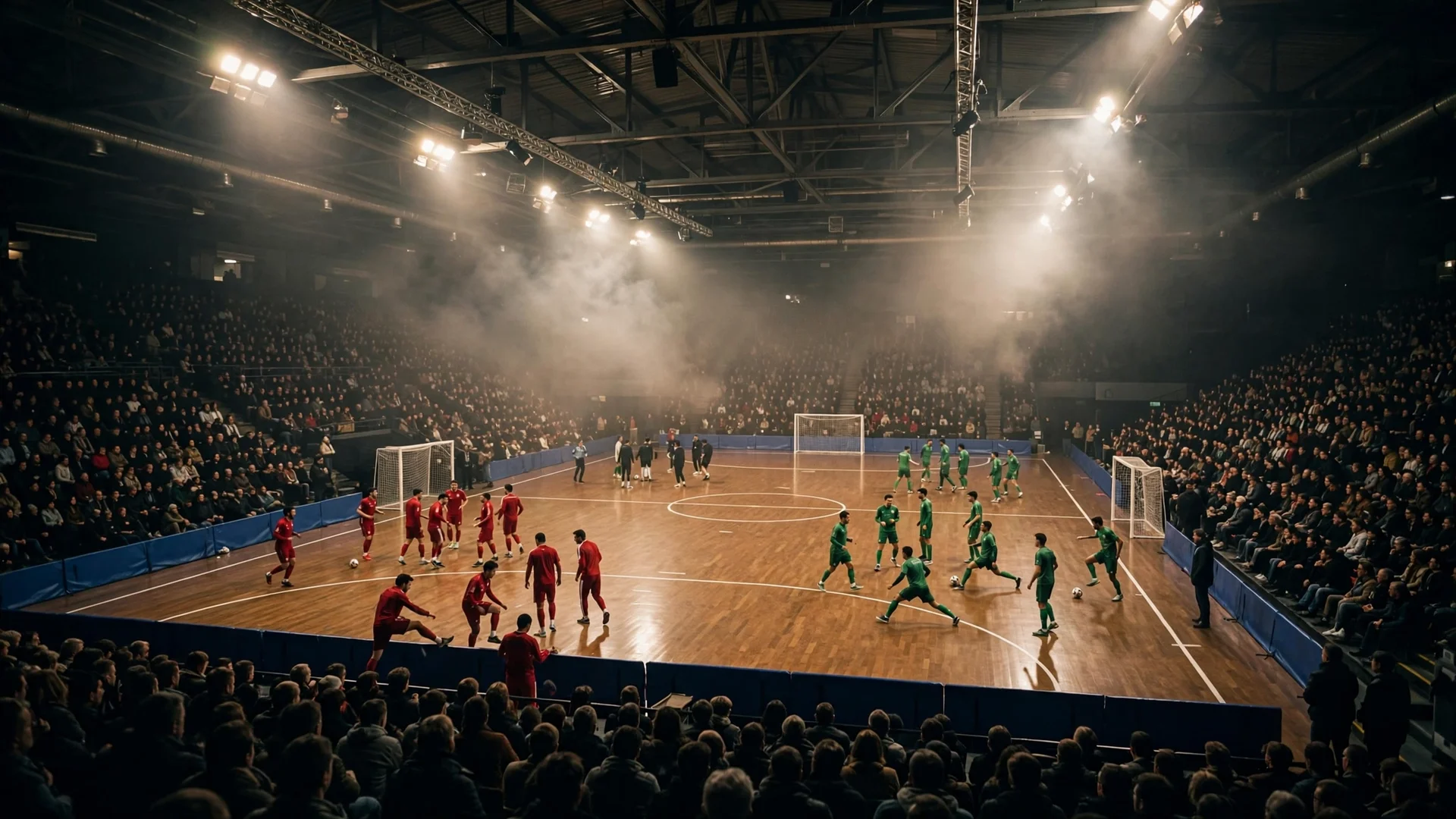 Futsal players warm up on the court before a night match at the 2026 Futsal AFCON in Rabat