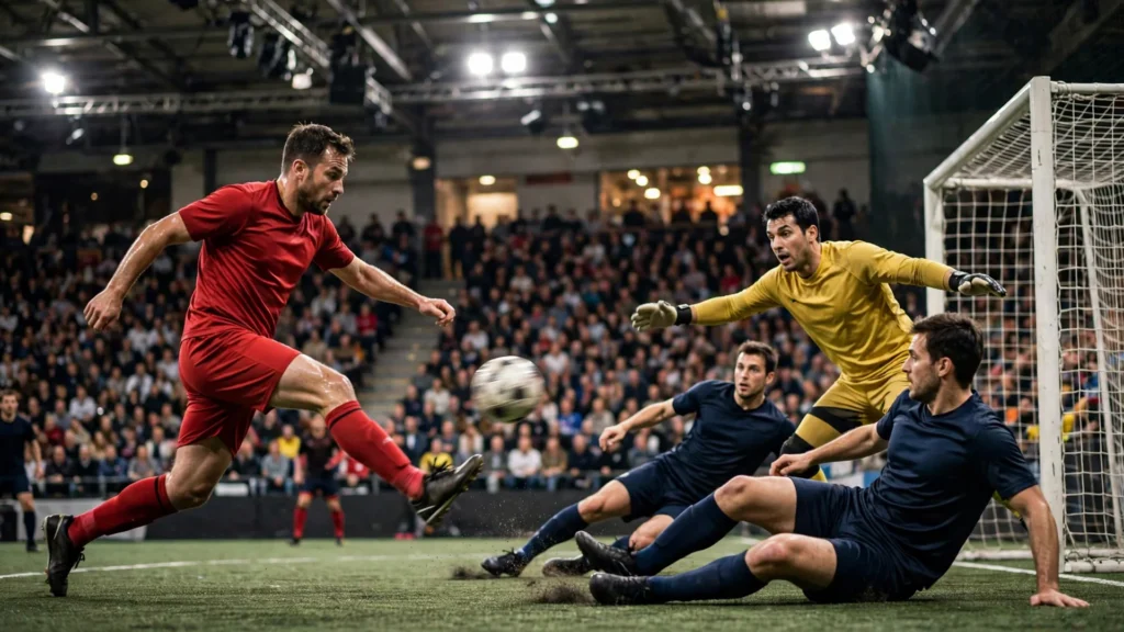 Futsal World Cup 2028 qualifying match action in a packed European indoor arena