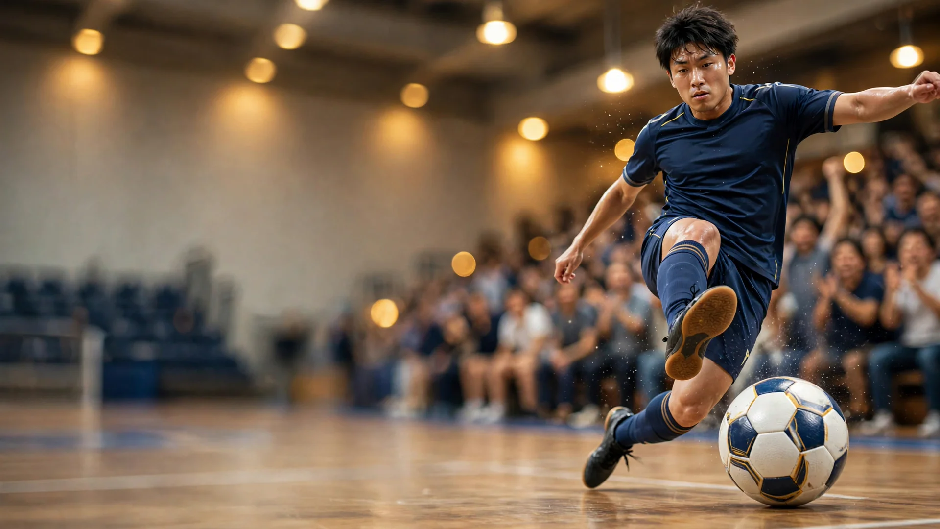 Futsal player striking the ball during an indoor futsal match