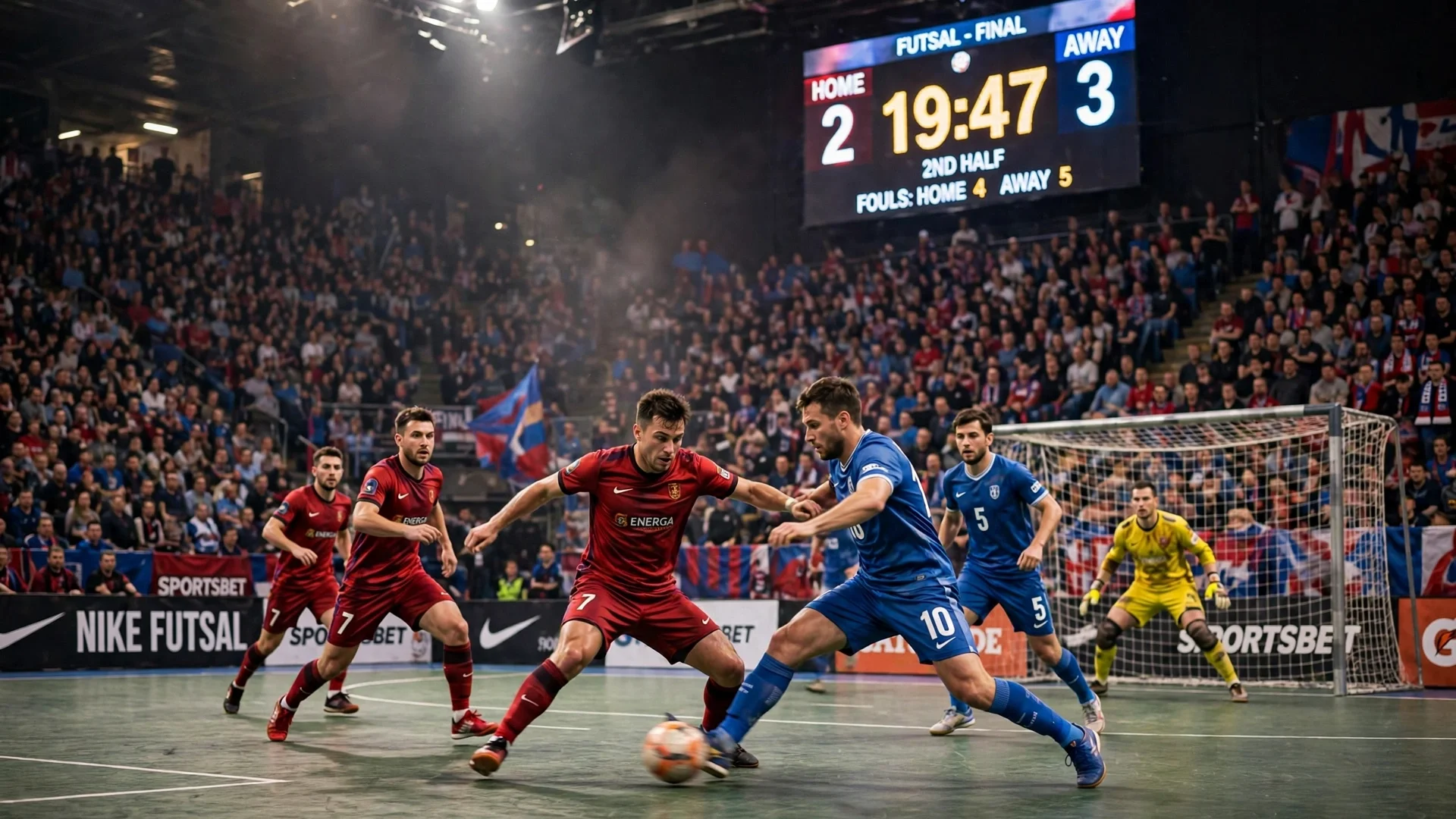 Futsal match in a packed arena with the scoreboard showing the match clock