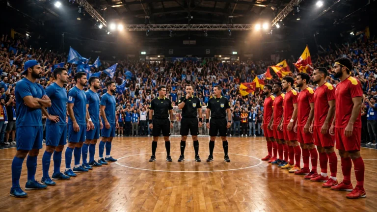 Futsal AFCON 2026 final atmosphere — Morocco vs Angola teams lined up before kickoff in Rabat