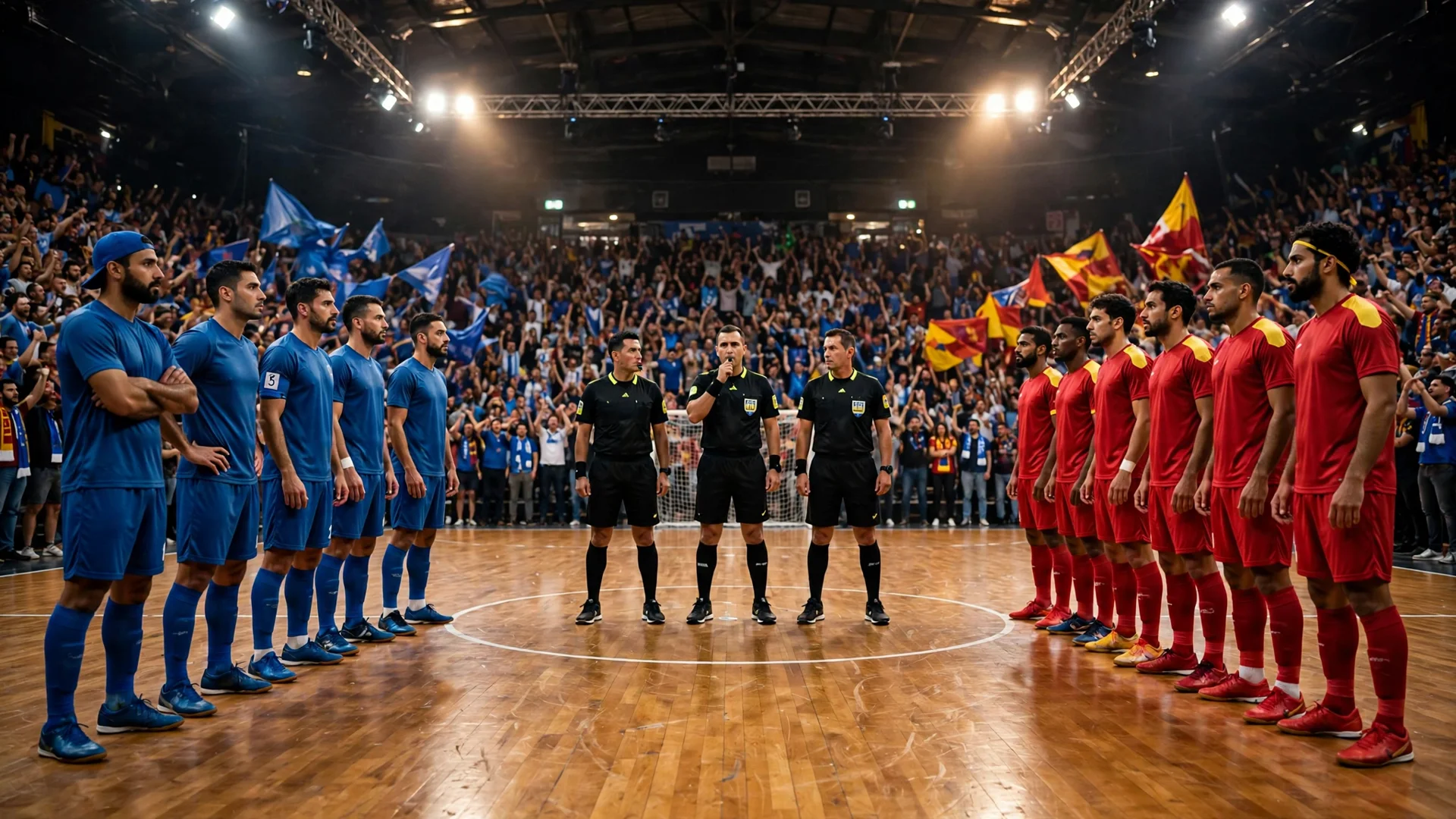 Futsal AFCON 2026 final atmosphere — Morocco vs Angola teams lined up before kickoff in Rabat