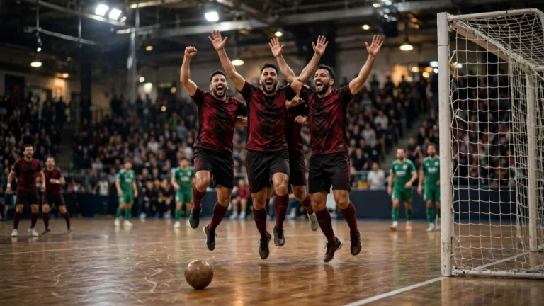 Angola players celebrating their 3-2 comeback semifinal win over Algeria at Futsal AFCON 2026 in Rabat