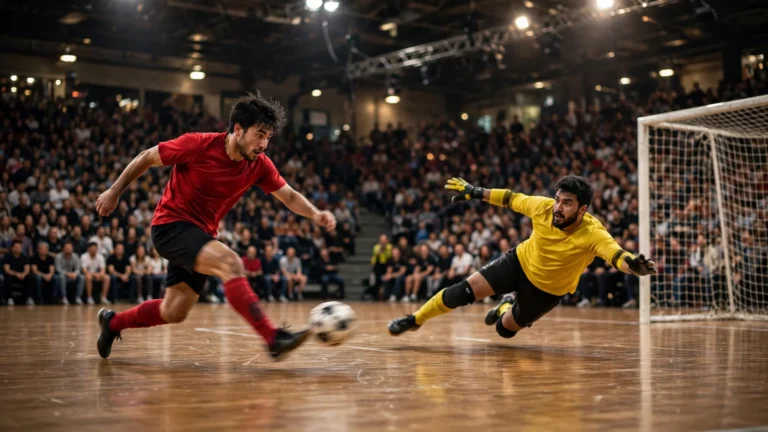 Morocco futsal player shooting past Egypt's goalkeeper in the Futsal AFCON 2026 semifinal in Rabat