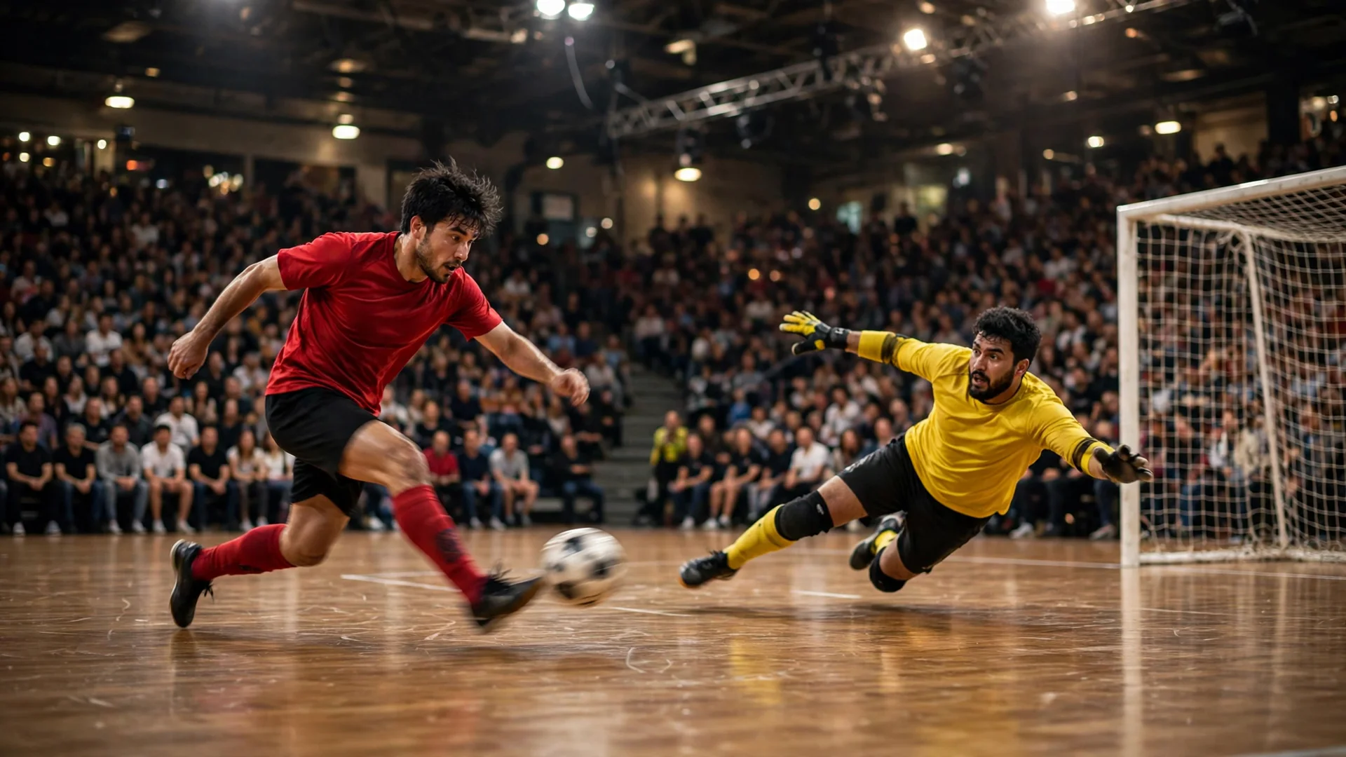 Morocco futsal player shooting past Egypt's goalkeeper in the Futsal AFCON 2026 semifinal in Rabat