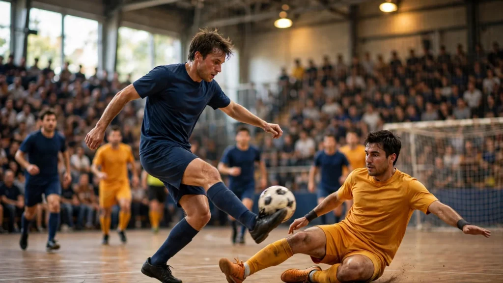 UEFA Futsal Champions League main round futsal match action in a packed indoor arena.