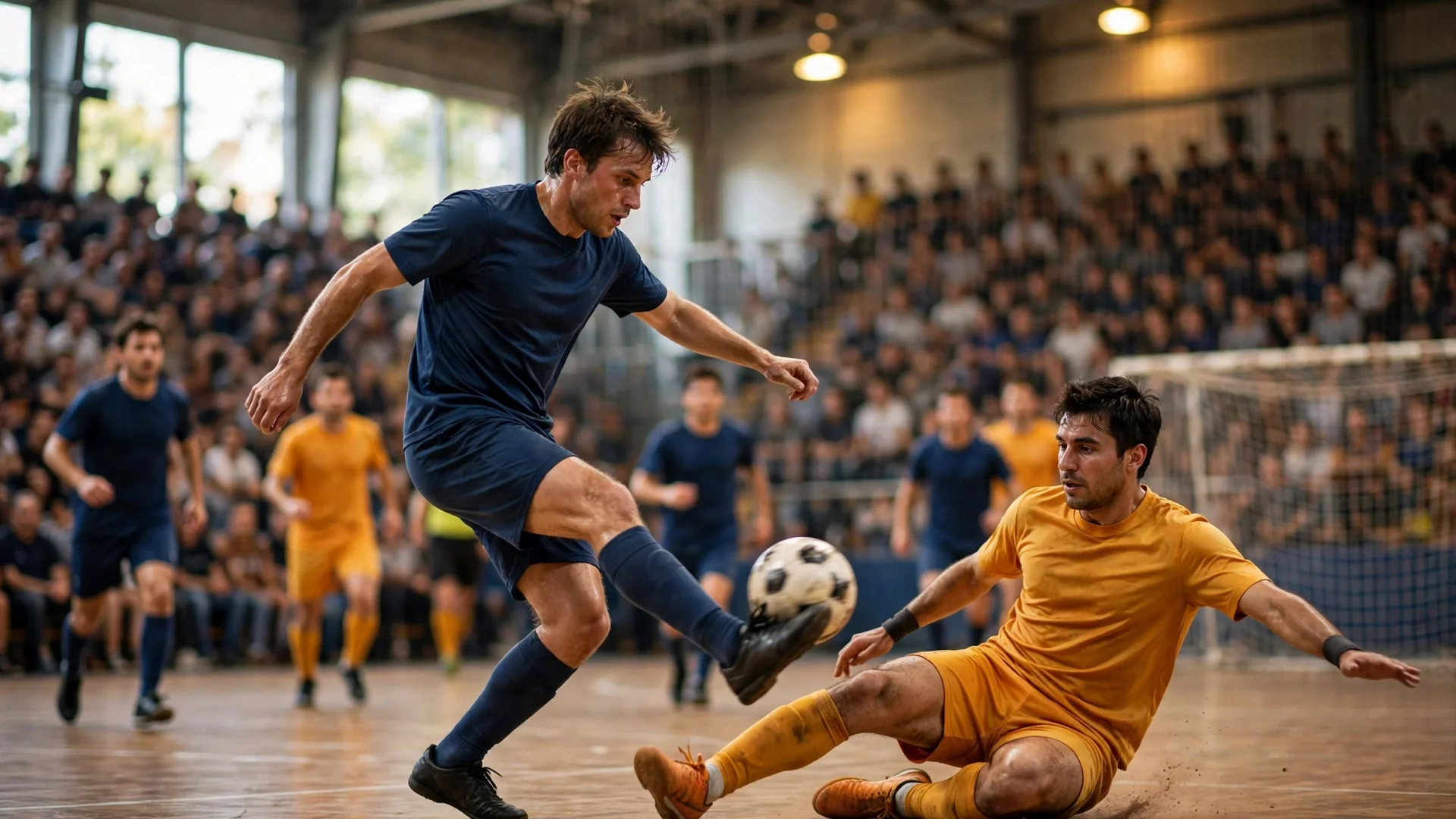 UEFA Futsal Champions League main round futsal match action in a packed indoor arena.