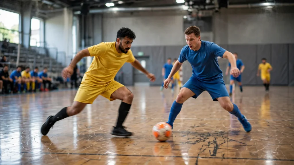 Futsal players contesting the ball during an indoor UEFA Futsal Champions League main round match