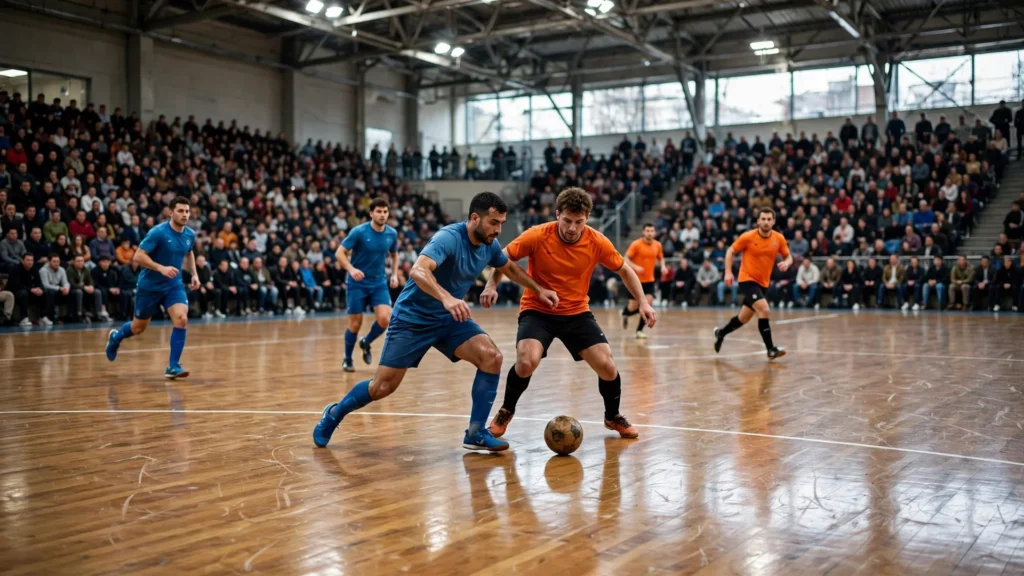 UEFA Futsal Champions League main round futsal match action in a packed indoor arena