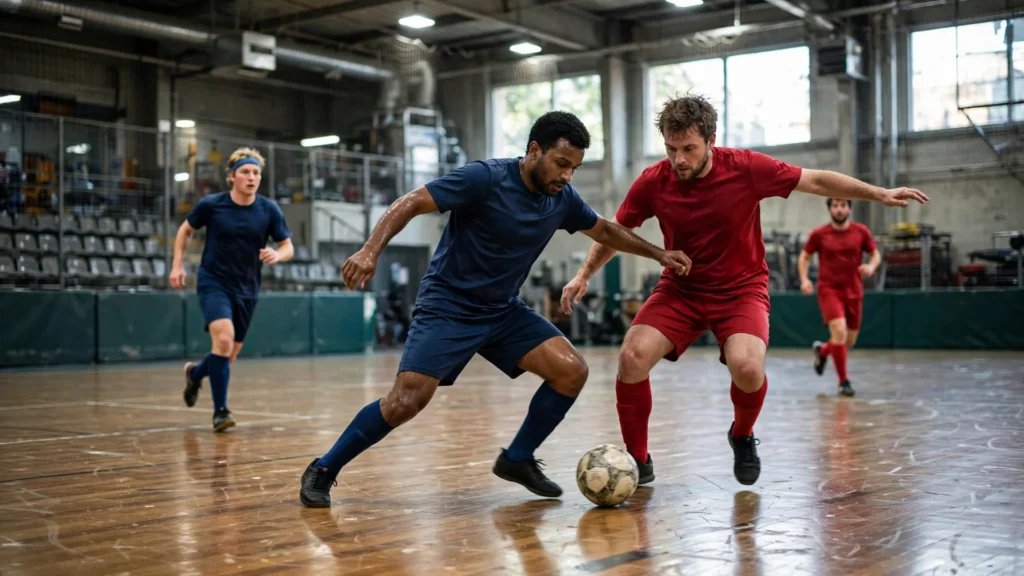 UEFA Futsal Champions League main round futsal match action in an indoor arena