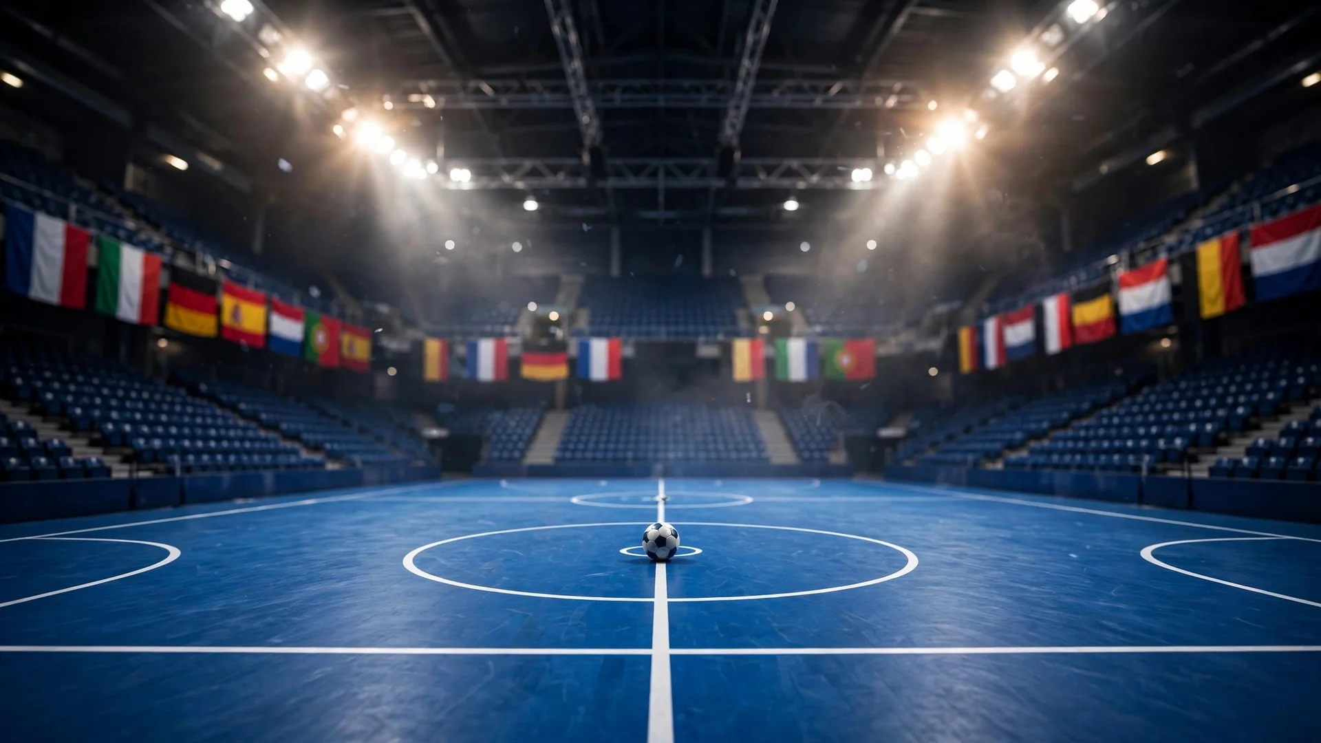 Futsal arena before a UEFA 2028 World Cup qualifying match with European flags in the stands