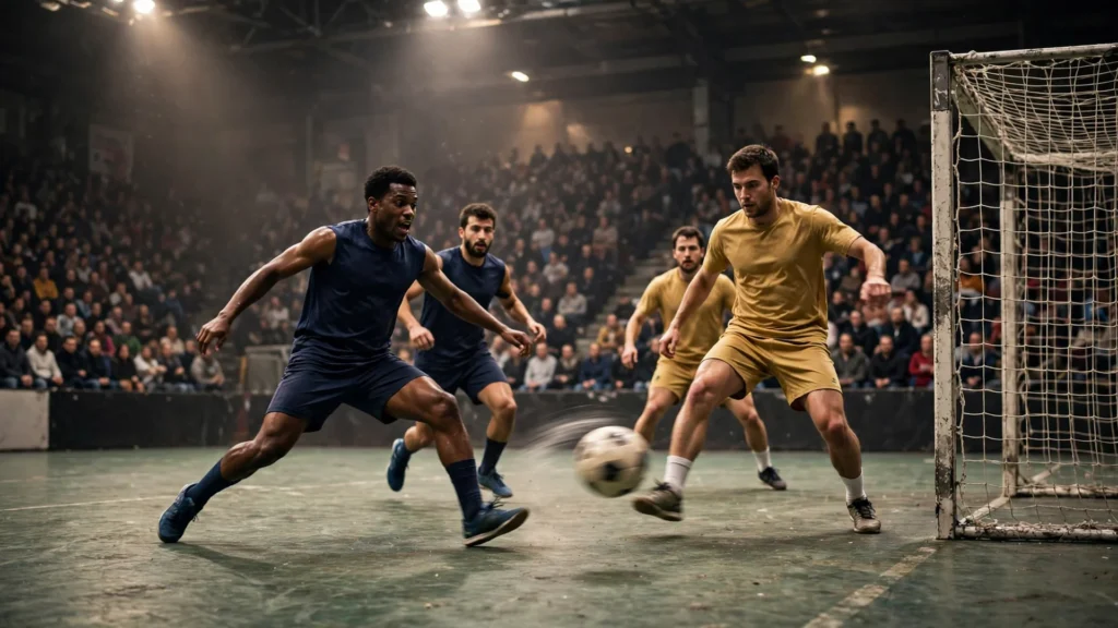 Futsal players contesting the ball during an indoor futsal match in a packed arena during Futsal World Cup 2028 qualifying