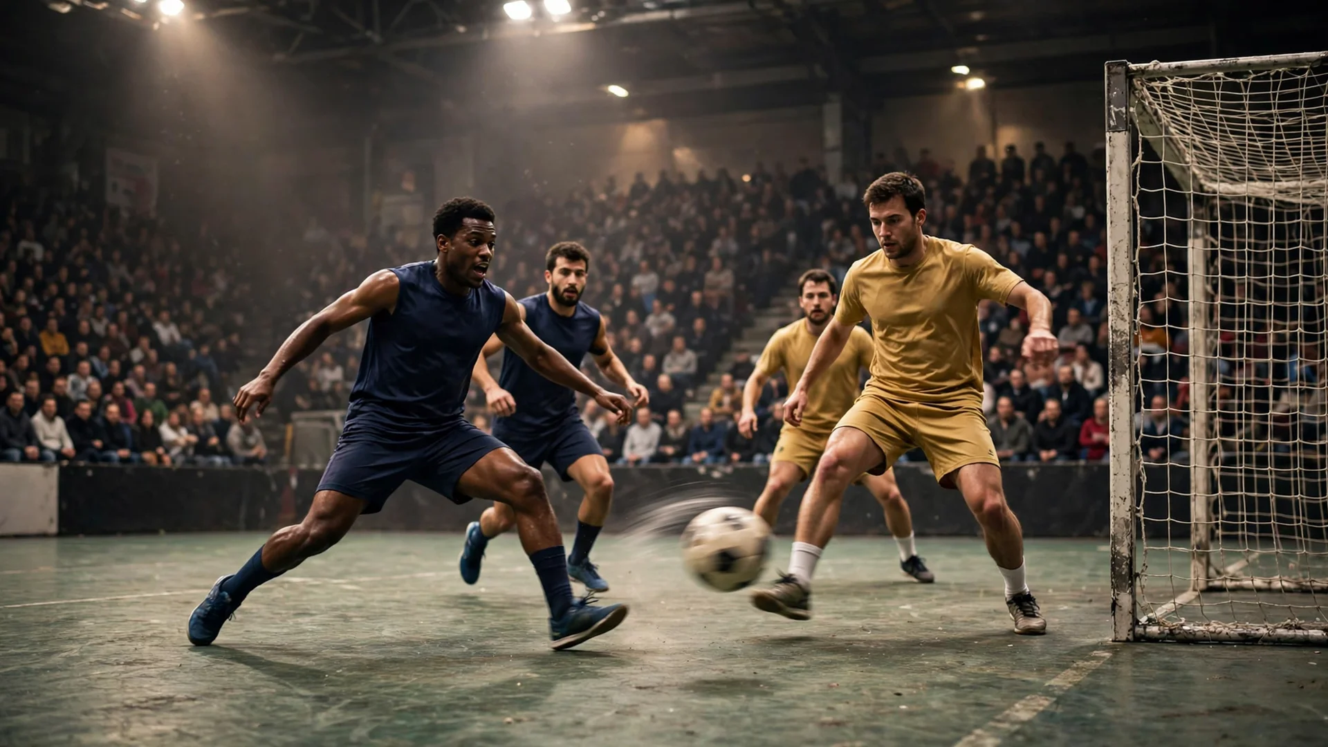 Futsal players contesting the ball during an indoor futsal match in a packed arena during Futsal World Cup 2028 qualifying